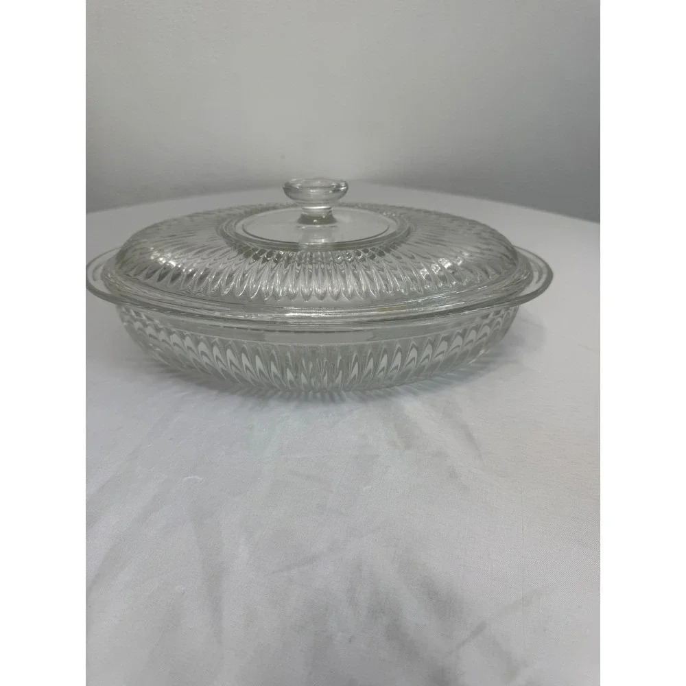 Vintage Clear Ribbed Glass Oval Casserole Dish with Lid Oven Proof 11.5 Inch